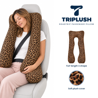 TripLush RoadTrip Passenger Pillow in leopard – woman resting in passenger seat
