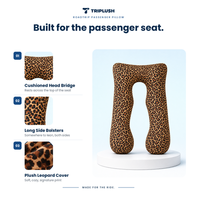 TripLush pillow features – cushioned head bridge, long side bolsters, plush leopard cover